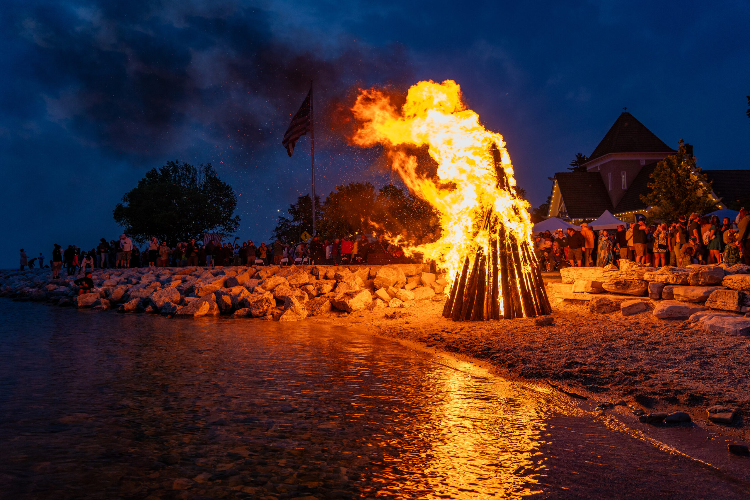 Fyr Bal Festival bonfire on beach in Ephraim